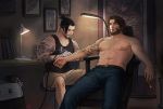  2boys bara beard body_hair cigar facial_hair hanzo_(overwatch) male_focus mccree_(overwatch) multiple_boys muscle overwatch sitting smoke smoking tattoo topless 