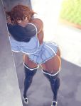  1girl bare_shoulders breasts brown_hair curvy extreme_muscles female huge_ass huge_breasts jin-jin large_breasts looking_at_viewer muscle open_mouth orange_eyes solo standing thick_thighs thigh-highs wide_hips 