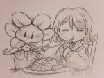  =_= blush eating eyebrows flower flowey_(undertale) food fork frisk_(undertale) meatballs monochrome pasta plant spaghetti undertale upper_body |_| 