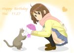  1girl cat flower hirasawa_yui jophiel k-on! panties pantyshot scarf school_uniform squatting tagme text underwear white_panties 