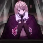  1boy androgynous blonde_hair coffin crossdressinging eyebrows_visible_through_hair gasper_vladi high_school_dxd male_focus pointy_ears red_eyes school_uniform screencap sitting skirt solo stitched thigh-highs trap vampire 