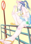  1girl bare_shoulders bra child feet hat hatsutonegitoro long_hair looking_at_viewer original ponytail road_sign sandals shiny shiny_skin sign sitting solo 