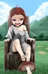  1girl barefoot chair child clouds day feet grass mountain mushroom original outdoor plant rorimo short_hair sitting sky solo tree 