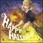  1girl bare_legs barefoot bat blonde_hair braid broom broom_riding dress female hair_ornament hair_ribbon halloween happy_halloween jack-o&#039;-lantern long_hair pumpkin red_eyes ribbon skirt smile solo ume_(illegal_bible) 