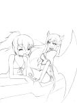  2girls alma_elma camel_(dansen) cecil_(mon-musu_quest!) closed_eyes demon_girl female horns mon-musu_quest! monochrome multiple_girls open_mouth ponytail tail 