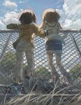  2girls brown_hair chain-link_fence fence from_behind girls_und_panzer ground_vehicle highres military military_vehicle motor_vehicle multiple_girls nishizumi_maho nishizumi_miho short_hair shorts tank tank_top younger 