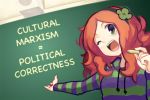  1girl communism cultural_marxism green_eyes one_eye_closed open_mouth solo striped striped_clothes teeth text vivian_james 