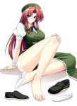  1girl bandage bare_legs barefoot black_panties blue_eyes braid breasts feet flats green_eyes hat highres hong_meiling large_breasts legs light_smile long_hair long_legs naturalton panties pantyshot pantyshot_(sitting) redhead shoes_removed side_slit single_sock sitting socks socks_removed solo thighs toenails toes touhou twin_braids underwear upskirt 