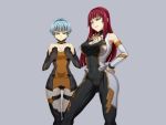  2girls android another_century&#039;s_episode another_century&#039;s_episode:_r autumn_four autumn_one bangs banpresto blue_hair cutout detached_collar detached_sleeves gloves maroon_hair multiple_girls redhead short_hair thigh-highs 