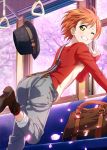  1girl ass bag blush boots cherry_blossoms green_eyes grin hat hat_removed hoshizora_rin leaning leaning_forward love_live! love_live!_school_idol_festival love_live!_school_idol_project one_eye_closed orange_hair pose short_hair smile solo suspenders v wink 