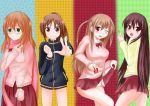  4girls bare_legs bottomless breasts female long_sleeves multiple_girls naked_track_jacket no_panties no_pants saki school_uniform skirt takakamo_shizuno uniform 