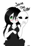  1girl black_hair creepypasta dress female green_eyes jane_the_killer mask partially_colored solo white_background 
