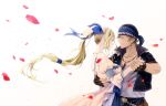  1boy 1girl bandanna blonde_hair blue_eyes blue_ribbon blush bow celes_chere closed_eyes couple dancing dress earrings final_fantasy final_fantasy_vi fingerless_gloves gloves hair_bow hair_ribbon hand_holding hetero high_ponytail jewelry lock_cole long_hair looking_at_another mii_(aad378) necklace petals ponytail ribbon smile 
