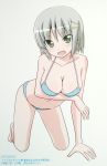  1girl aizawa_sakuya bare_shoulders bikini blush breast_hold breast_support breasts cleavage collarbone green_eyes grey_hair hair_ornament hayate_no_gotoku! highres kneeling navel short_hair silver_hair solo swimsuit thighs 