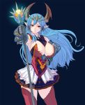  bare_shoulders blue_background blue_hair breasts gauntlets highres horns large_breasts long_hair looking_at_viewer masao original pointy_ears pout red_eyes red_legwear simple_background skirt staff thigh-highs 