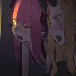  2girls blonde_hair blush elizabeth_bathory_(brave)_(fate) fate/grand_order fate_(series) female green_eyes ibaraki_douji_(fate/grand_order) lancer_(fate/extra_ccc) macaroni_tamago multiple_girls open_mouth peeking pink_hair upper_body yellow_eyes 