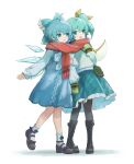  2girls :d absurdres adapted_costume blue_eyes blue_hair boots cirno daiyousei fairy_wings full_body green_eyes green_hair highres ice ice_wings mittens multiple_girls one_side_up pantyhose scarf shared_scarf simple_background siyumu sleeves_past_wrists smile touhou walking white_background wings winter_clothes 