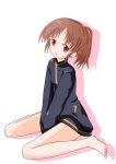  1girl bare_legs barefoot bottomless brown_hair female full_body long_sleeves naked_track_jacket no_panties no_pants saki solo takakamo_shizuno 