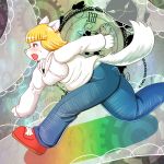  1girl artist_request blonde_hair breasts dog female furry open_mouth pants red_eyes running short_hair solo sweater 