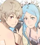  1boy 1girl aqua_hair bikini breasts character_request fire_emblem phone pointy_ears red_eyes swimsuit tagme upper_body 
