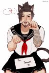  &lt;3 1boy animal_ears beard blush cat_ears cosplay costume facial_hair gift hanzo_(overwatch) looking_at_viewer male_focus note nyan open_mouth overwatch paw_pose school_uniform sitting solo sweat tagme tail tattoo teeth tongue 