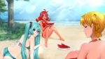  3girls ass bikini blue_eyes blue_hair everlasting_summer hatsune_miku multiple_girls orange_eyes orange_hair orikanekoi redhead swimsuit ulyana_(everlasting_summer) ussr-tan vocaloid watermelon 