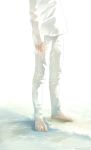  1boy barefoot beach gradient gradient_background head_out_of_frame male_focus original pants re_degrees_(red_flagship) sand shirt solo water web_address white_background white_pants white_shirt 