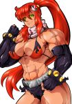  1girl abs aw08 belt bikini bikini_top breasts cleavage elbow_gloves extreme_muscles female fingerless_gloves gloves hair_ornament hairpin large_breasts long_hair long_ponytail looking_at_viewer muscle navel redhead reiq scarf smile solo studded_belt tengen_toppa_gurren_lagann yellow_eyes yoko_littner 