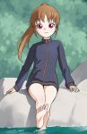  1girl bare_legs barefoot bottomless female long_sleeves naked_track_jacket nature no_panties no_pants outdoors plant saki solo takakamo_shizuno 