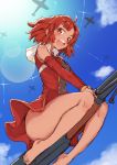  1girl airplane barefoot blue_sky breasts clouds dress feet female flying izetta looking_at_viewer medium_breasts open_mouth red_eyes redhead short_hair shuumatsu_no_izetta sky solo sun toes 