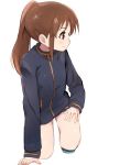  1girl bare_legs bottomless female long_sleeves naked_track_jacket no_panties no_pants saki simple_background solo takakamo_shizuno white_background 