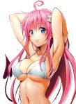  1girl aqua_eyes armpits arms_behind_head arms_up bikini blush breasts cleavage erect_nipples lala_satalin_deviluke large_breasts long_hair looking_at_viewer navel pink_hair smile solo swimsuit tail to_love-ru upper_body 