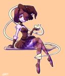 1girl blue_skin broom female fingerless_gloves gloves hair_over_one_eye halloween leviathan_(skullgirls) monster_girl red_eyes short_dress side_ponytail skullgirls smile squigly_(skullgirls) stitched_mouth stitches striped_legwear striped_sleeves witch_hat zombie 