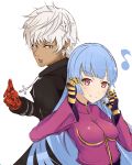  1boy 1girl anger_vein annoyed artist_request blue_hair breasts brown_eyes cross_necklace dark_skin glasses gloves jacket jewelry k&#039; king_of_fighters kula_diamond long_hair musical_note parted_lips red_eyes red_gloves shiny shiny_hair short_hair smile sunglasses the_king_of_fighters white_hair 