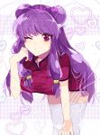  1girl china_dress chinese_clothes hand_on_own_knee highres hikagexx leaning_forward one_eye_closed purple_hair ranma_1/2 solo thigh-highs violet_eyes white_legwear wink 