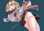  1girl blonde_hair breasts brown_eyes bud_(pixiv4618092) female gloves gun hair_ornament hairclip huge_breasts looking_at_viewer miniskirt narusawa_ryouka occultic;nine open_mouth shirt shoes short_hair signature simple_background skirt solo thigh-highs thighs weapon white_gloves white_shirt 