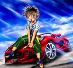  1boy blush brown_eyes brown_hair car child clothes collarbone fang full_body male_focus motor_vehicle open_mouth solo sports_car vehicle 