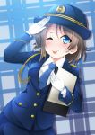  1girl ;p armband belt blue_background blue_eyes blue_neckwear breasts buttons clipboard female_service_cap gloves grey_hair hat jacket looking_at_viewer love_live! love_live!_sunshine!! necktie one_eye_closed pencil_skirt police police_hat police_uniform policewoman salute shimizu_yuu short_hair skirt smile solo tongue tongue_out uniform watanabe_you white_gloves 