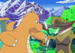  1girl angry animated animated_gif dragon dragonite fight haxorus nintendo pokemon pokemon_(anime) punch sky violence wings 