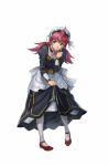  1girl apron banpresto dress full_body goggles goggles_on_head green_eyes maid official_art pink_hair red_shoes selema_seolla_oxtin simple_background solo super_robot_wars super_robot_wars_the_lord_of_elemental white_legwear 