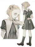  1girl black_dress black_legwear blonde_hair child chin_grab dress from_behind full_body hair_ribbon hairpin kneehighs knife lenore lenore_lynchfast marydill multiple_views pale_skin simple_background skull solo_focus upper_body weapon white_background white_eyes 