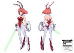 ass blue_eyes bunnysuit cassette_girl character_sheet copyright_name energy_sword gloves highres official_art pink_hair rabbit_ears shield solo turn_around weapon 