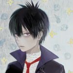  1boy black_hair blood_lad fangs looking_at_viewer male_focus matayoshi necktie pale_skin parted_lips red_eyes simple_background solo spiky_hair vampire vlad_charlie_staz 