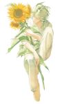  1boy barefoot closed_eyes closed_mouth flower full_body green_hair knee_up male_focus original pants re_degrees_(red_flagship) shirt simple_background sitting smile solo sunflower web_address white_background 
