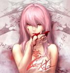  1girl artist_name blood blood_on_face bloody_hands collarbone licking long_hair looking_at_viewer luen_kulo nude original pink_hair red_eyes single_earring solo tattoo tongue tongue_out upper_body 