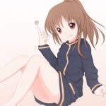  1girl bare_legs bottomless female gradient gradient_background long_sleeves naked_track_jacket no_panties no_pants saki solo takakamo_shizuno white_background 