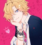  1boy amo_(yellowpink_a) blonde_hair blue_eyes bracelet closed_mouth collared_shirt diabolik_lovers head_rest heart jacket jewelry leopard_print looking_at_viewer male_focus mukami_kou pink_background school_uniform simple_background single_earring sleeves_rolled_up smile solo uniform upper_body 