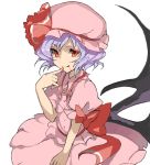  1girl bakkanda blood closed_mouth dress finger_to_mouth hat hat_ribbon mob_cap red_eyes remilia_scarlet ribbon simple_background smile solo touhou white_background wings 