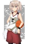  1girl basketball basketball_uniform blue_eyes blush breasts girls_und_panzer itsumi_erika small_breasts solo sukeberosu white_hair 