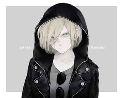  1boy aqua_eyes blonde_hair character_name glasses grey_background hair_over_one_eye hoodie jacket looking_at_viewer male_focus pale_skin simple_background solo sunglasses taira_(xtoe) yuri!!!_on_ice yuri_plisetsky 